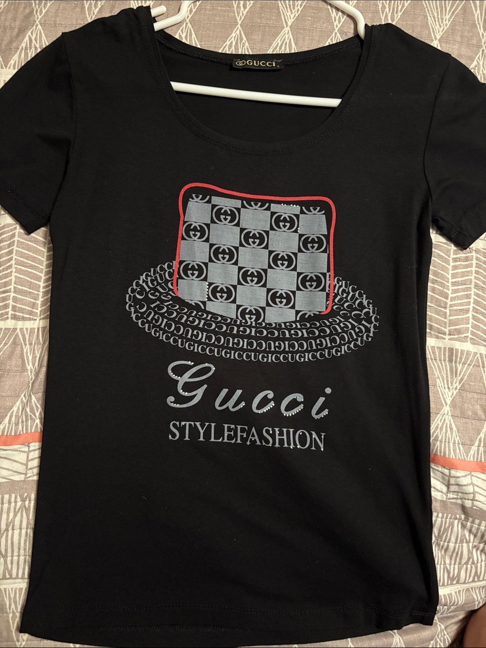 Gucci Black Tee with Gray Checker Graphic and Red Trim